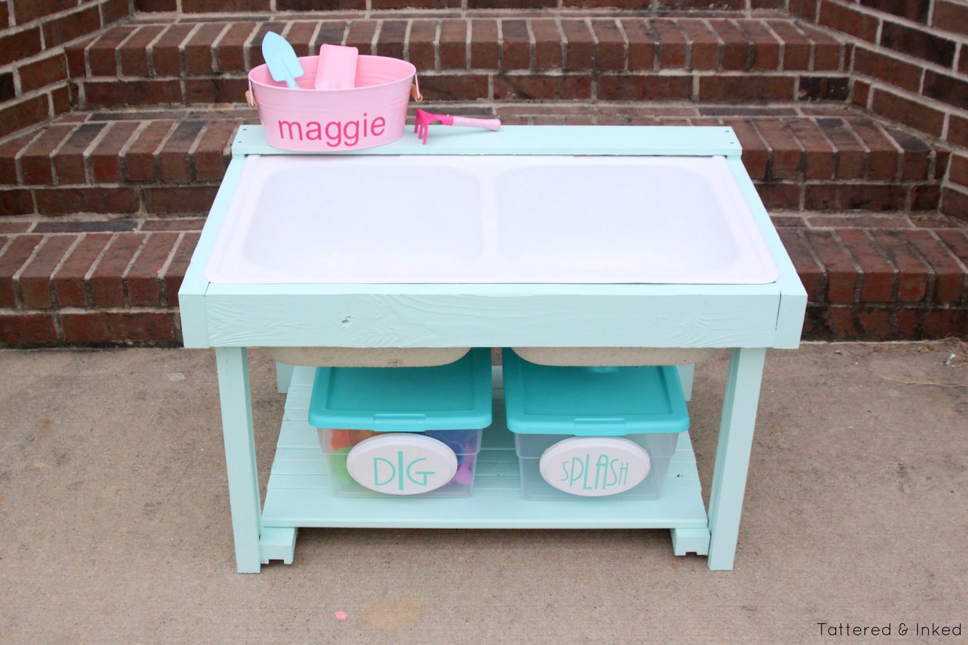 Kids water and sand table from reclaimed kitchen sink by Tattered and Inked featured on @Bekob
