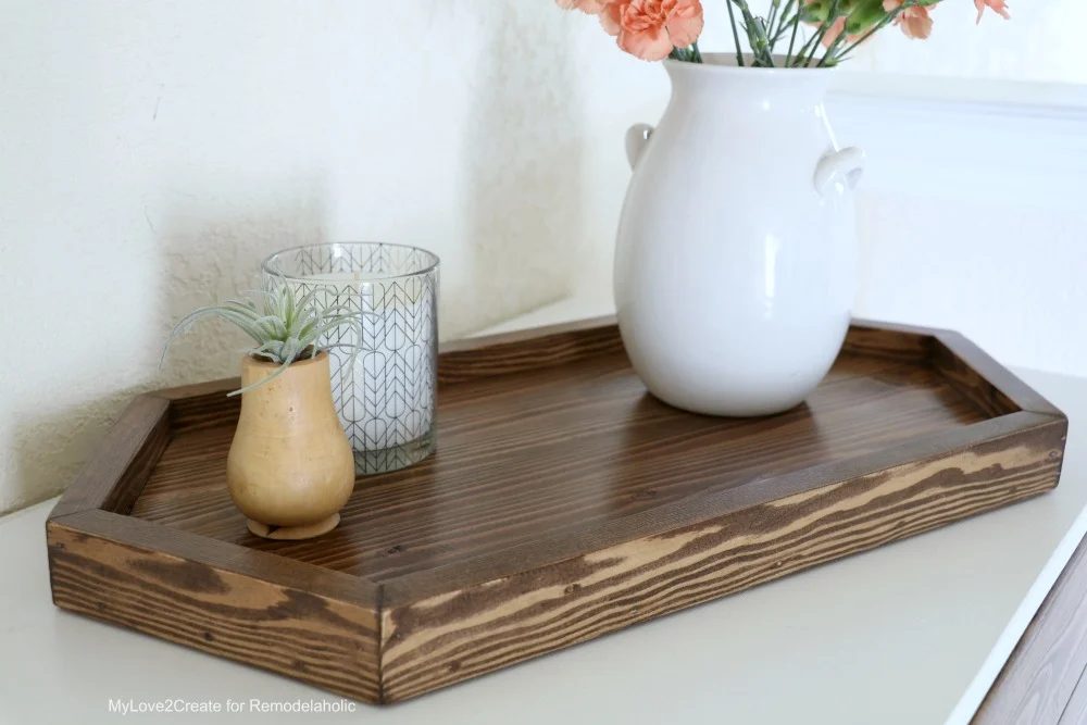 Long Hexagon Handmade Wood Tray With Candle and Vase