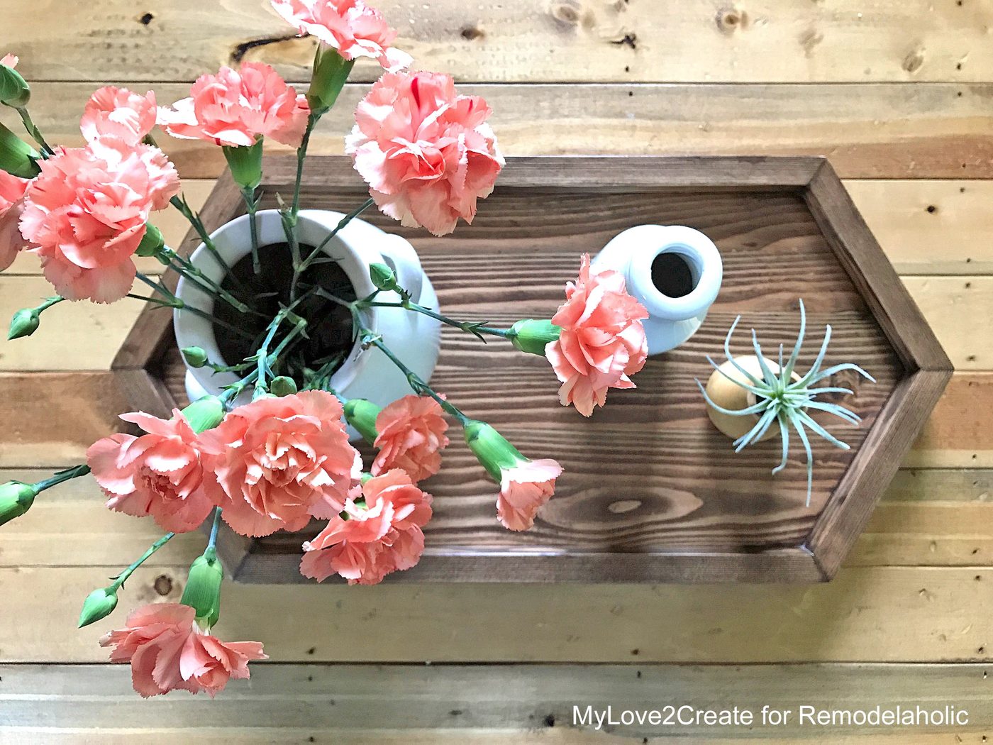 Handmade long hexagon wood tray for coffee table