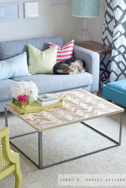 Sarah M Dorsey Designs, herringbone wood and metal coffee table