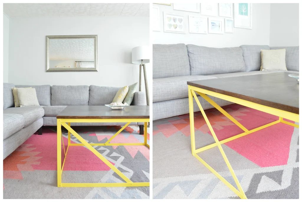 Metal and wood coffee table with angled supports, Plaster and Disaster featured on Bekob.com