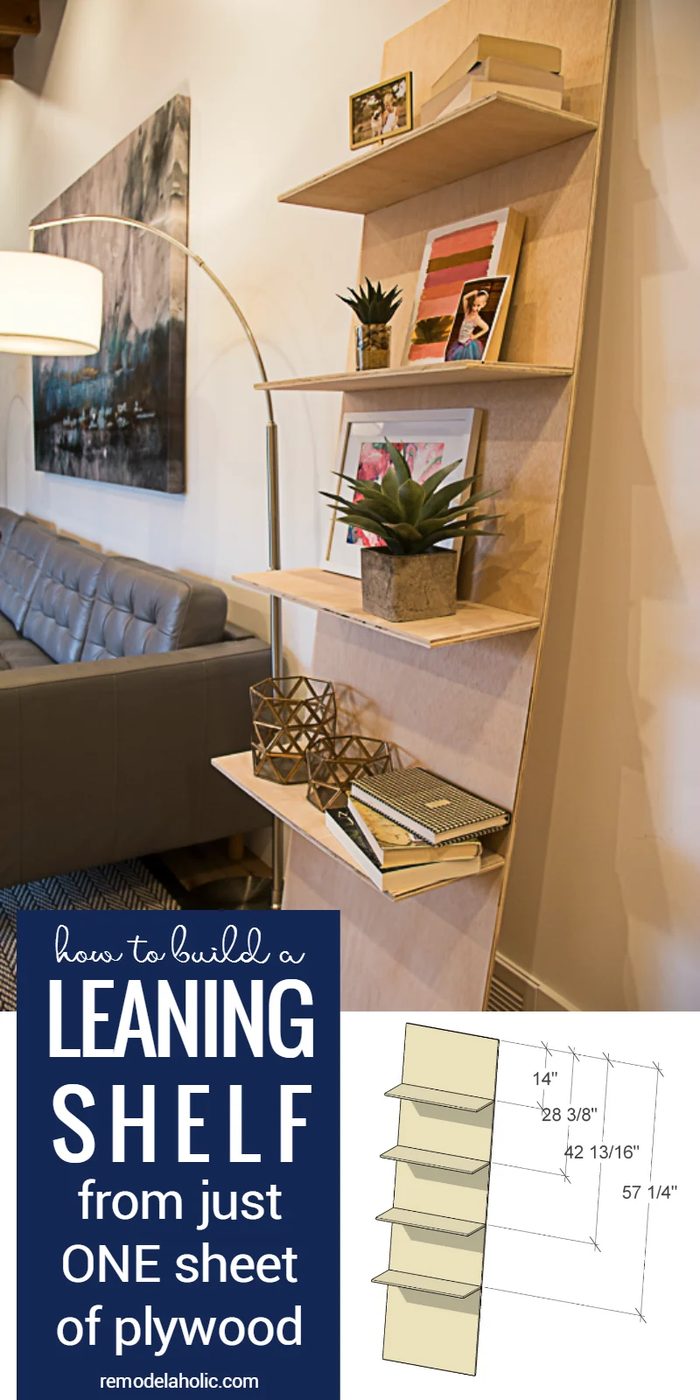 Build a minimalist plywood leaning shelf from just one sheet of plywood. well fitted for displaying photos and other lightweight home decor. #PlywoodPretty @Bekob