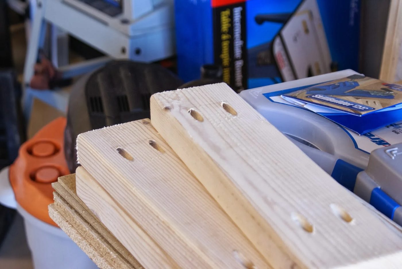 kreg-jig pocket holes to build workbench and pegboard tool cabinet, featured on Bekob.com