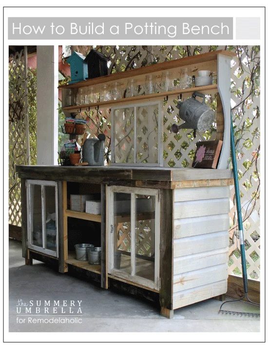 How to build an extra-large potting bench using reclaimed wood and old windows | The Summery Umbrella for Bekob.com
