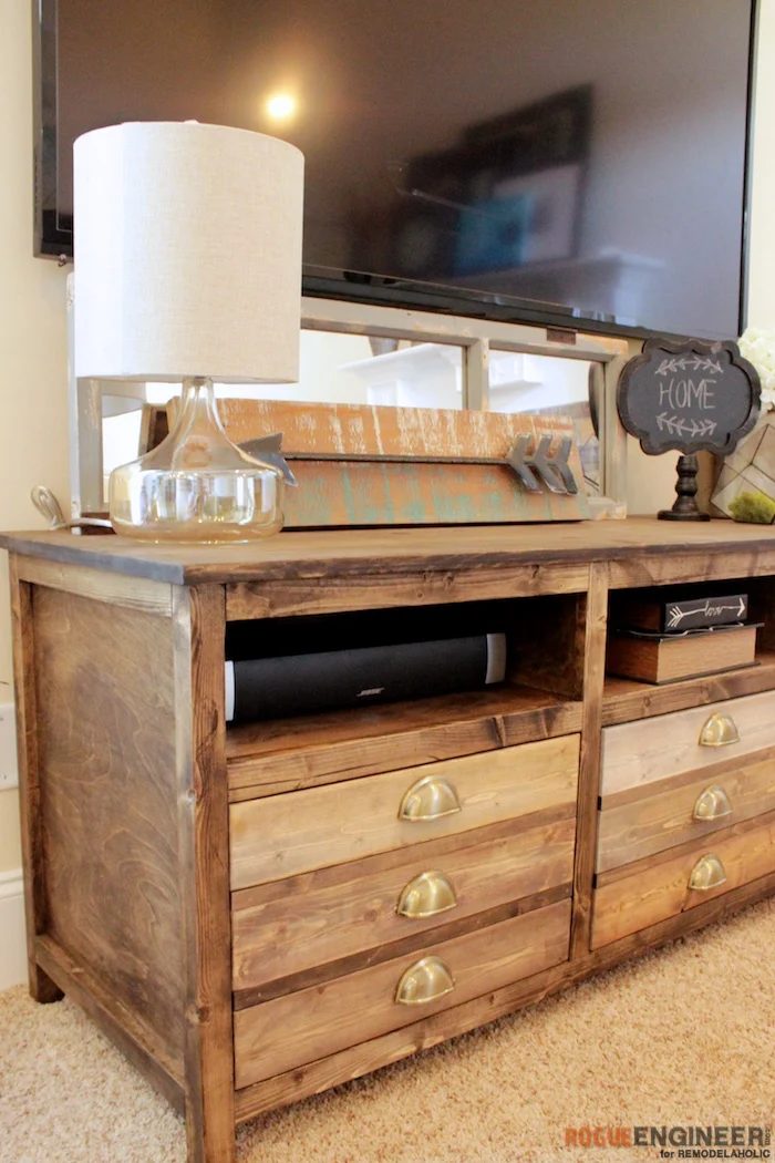 Handmade Printmakers Media Console Plans | This roomy Handmade console features 3 open shelves and 3 extra-large straightforward drawers for storage -- with no drawer slides requir