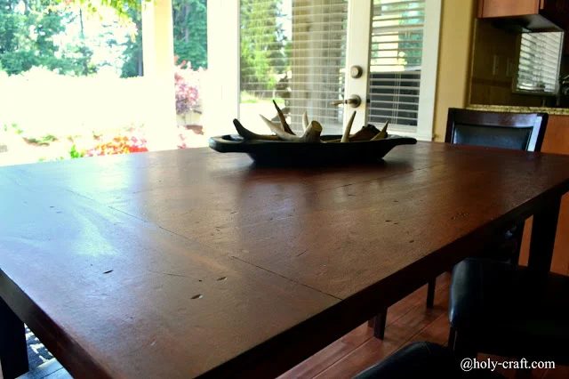 walkthrough for a planked table top to cover stains, paint and damage on an existing table by Rachel Teodoro at Holy Craft featured on @Bekob