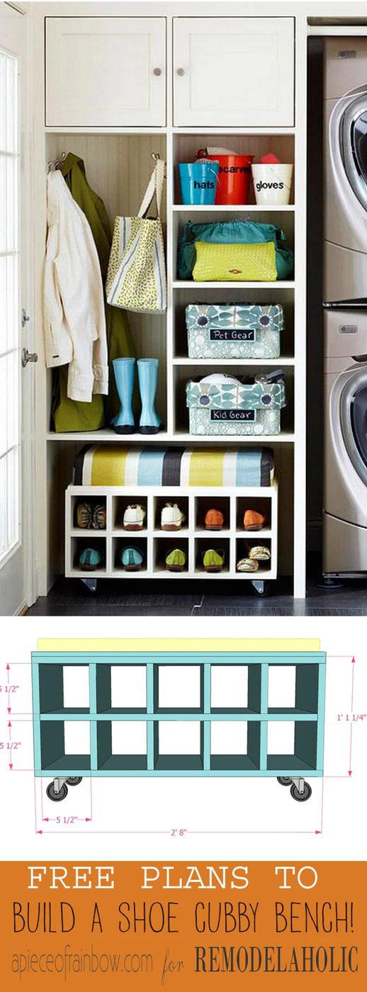 This shoe storage bench is well fitted! Enough room for shoes, pull it out for an entryway seat, slide it back under the shelf to make room. Free straightforward building plan!