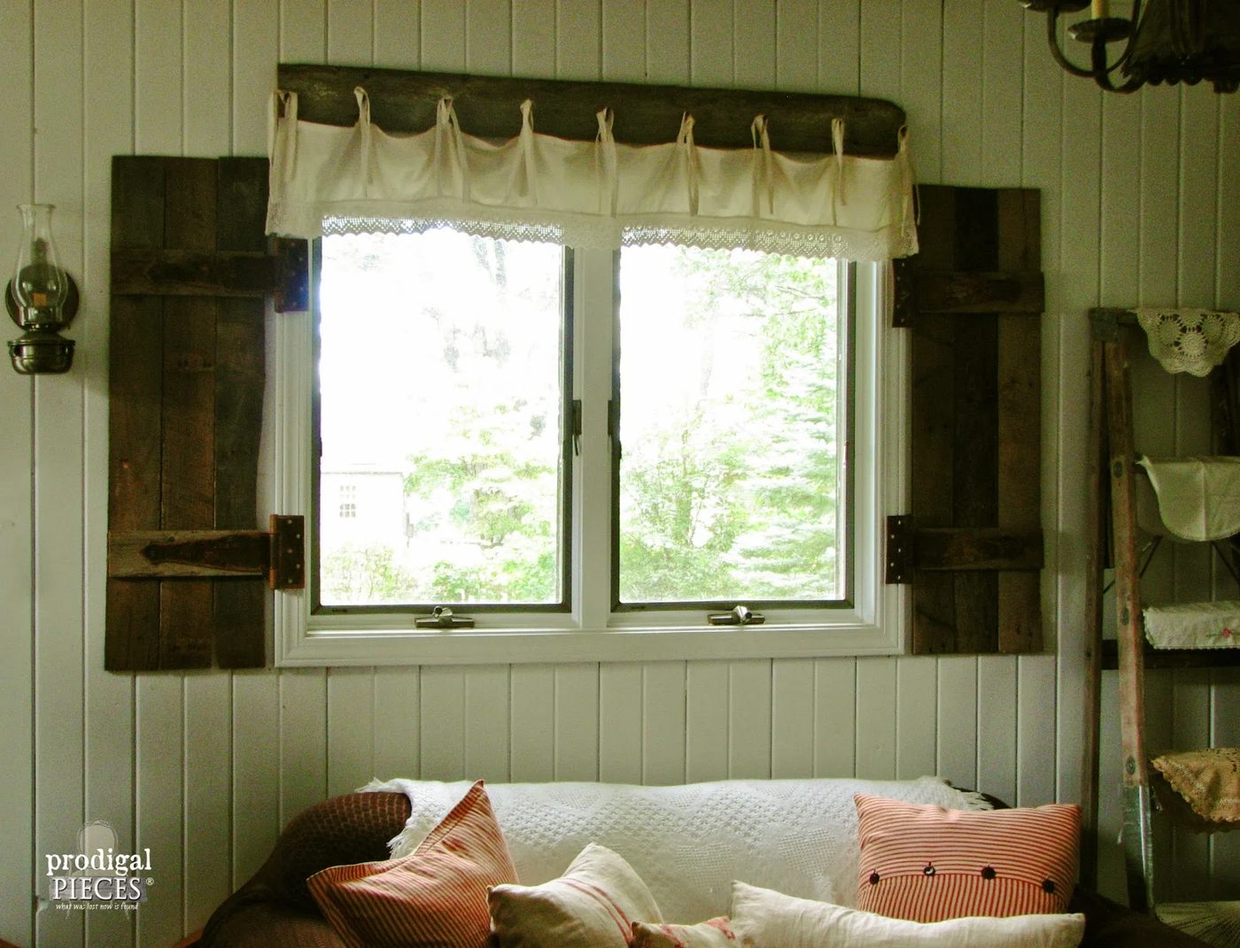 barn wood shutters and lace valance, Prodigal Pieces on Bekob