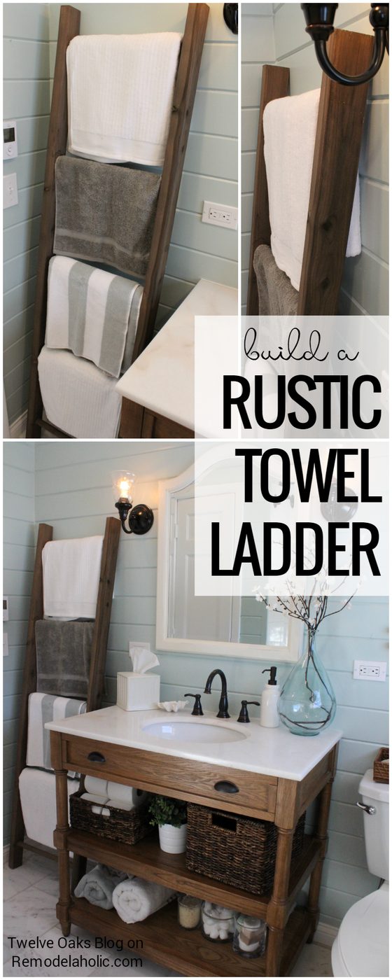 Store towels in your bathroom while looking chic and farmhouse! How To Build A Rustic Towel Ladder, walkthrough from Twelve Oaks Blog on Bekob.com
