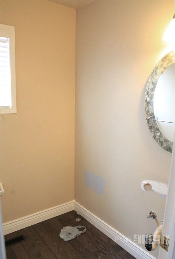 Powder Room Makeover with Handmade Vanity by Pink Little Notebook featured on Bekob