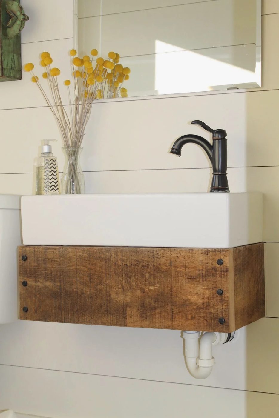 Handmade floating vanity from reclaimed wood - Girl Meets Carpenter featured on @Bekob