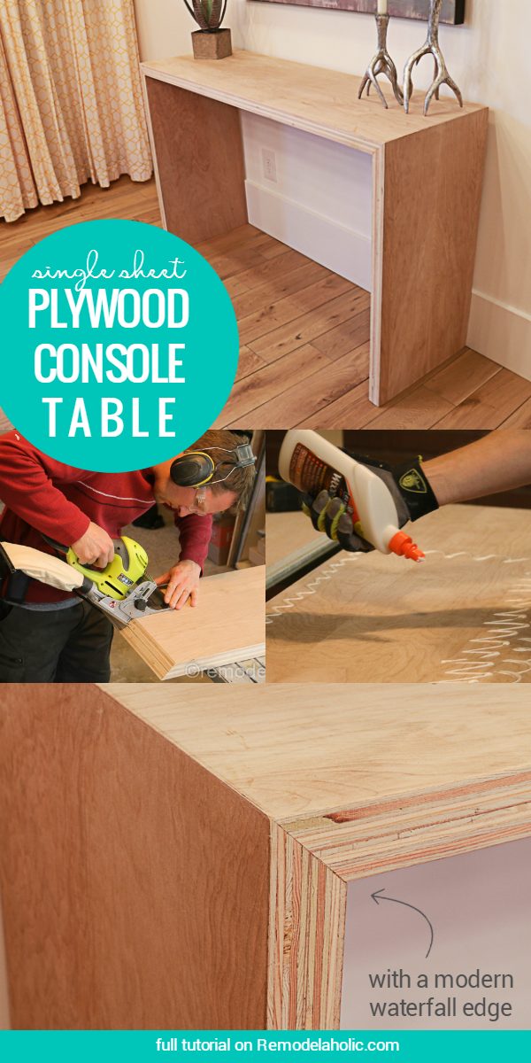 Handmade Single Sheet Stacked Plywood Console Table With Modern Waterfall Edge | Free walkthrough and building plan #plywoodpretty