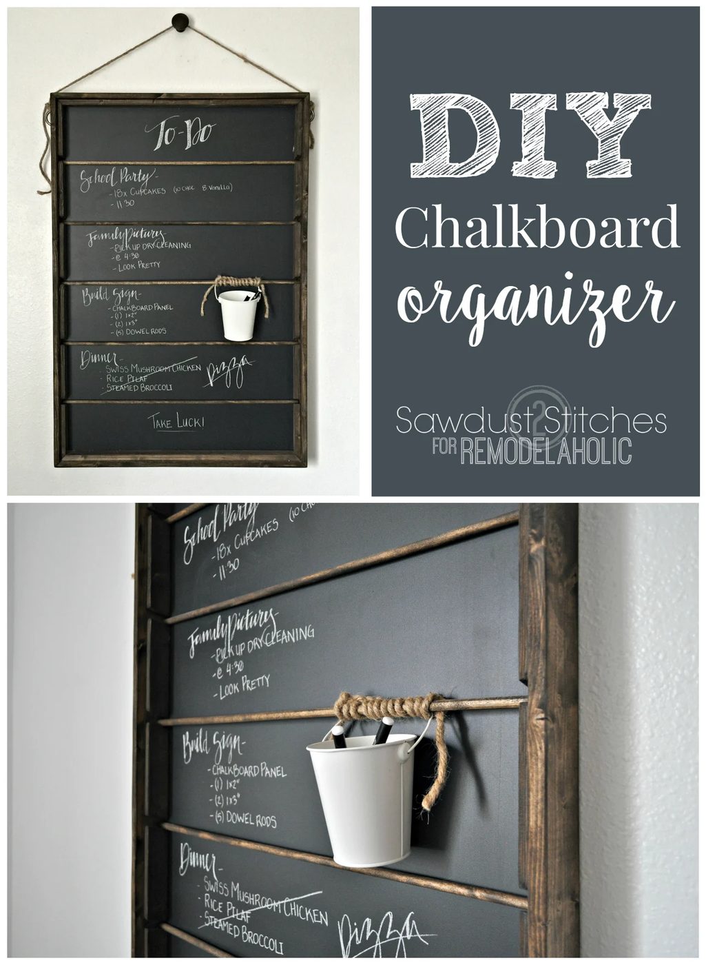 Build this Handmade chalkboard organizer for under $25! Just a few boards and some dowels come together to make this straightforward message board, great for a menu board or family