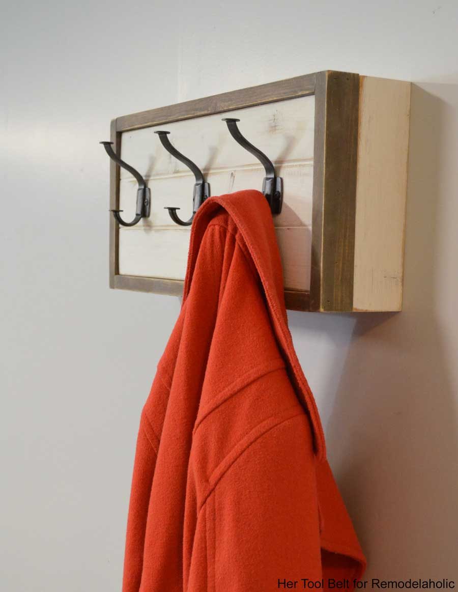 Build a farmhouse style coat rack with a secret compartment to hide small items.