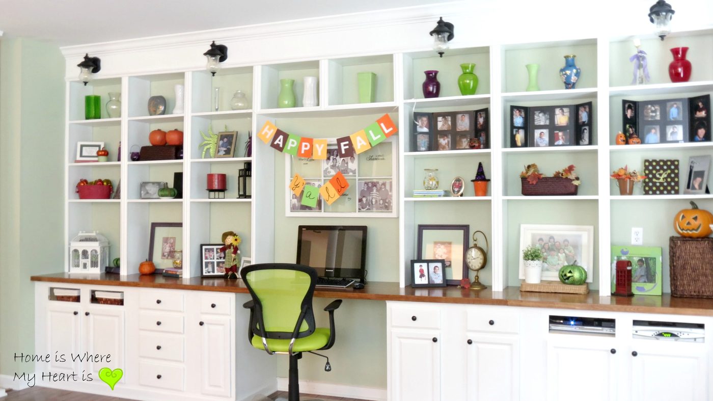 decorated wall-to-wall built-in shelves and desk, Home Is Where My Heart Is featured on Bekob