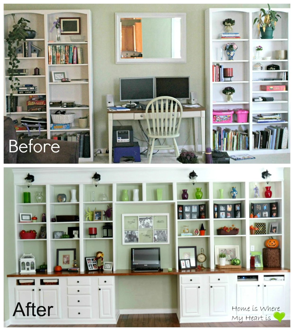 Wall-to-Wall Built-In Desk and Bookcase | Home Is Where My Heart Is featured on Bekob.com #built-ins #storage #studyarea