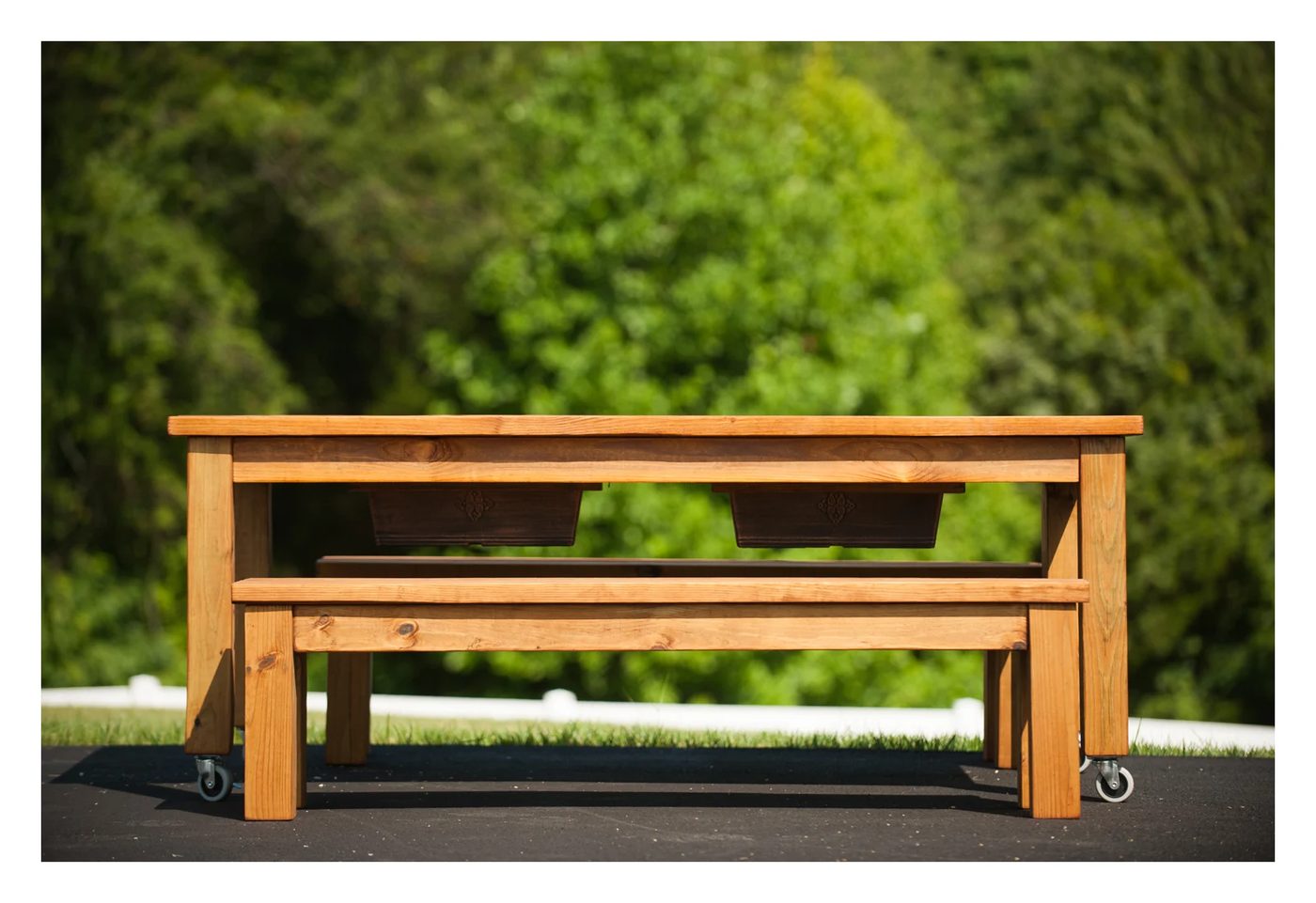 Finished product of my first woodworking project - outdoor table with ice chests in the center. Friday, July 17, 2015. (© 2015 Michael Connor / Connor Studios)