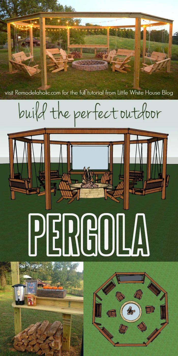 Build the well fitted pergola! Learn to Handmade this striking circular pergola with a central firepit, swings, and Adirondack chairs - Little White House Blog on @Bekob