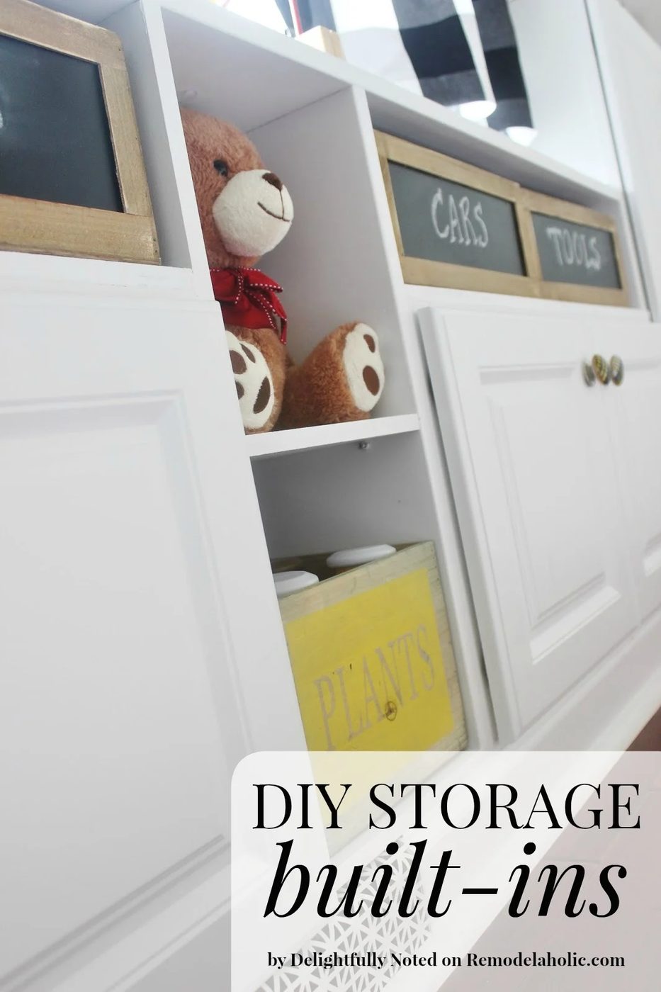Handmade Storage Built-ins - how to use cabinets to create your own built in shelving, well fitted for storage in a playroom, living room, or family room @Bekob