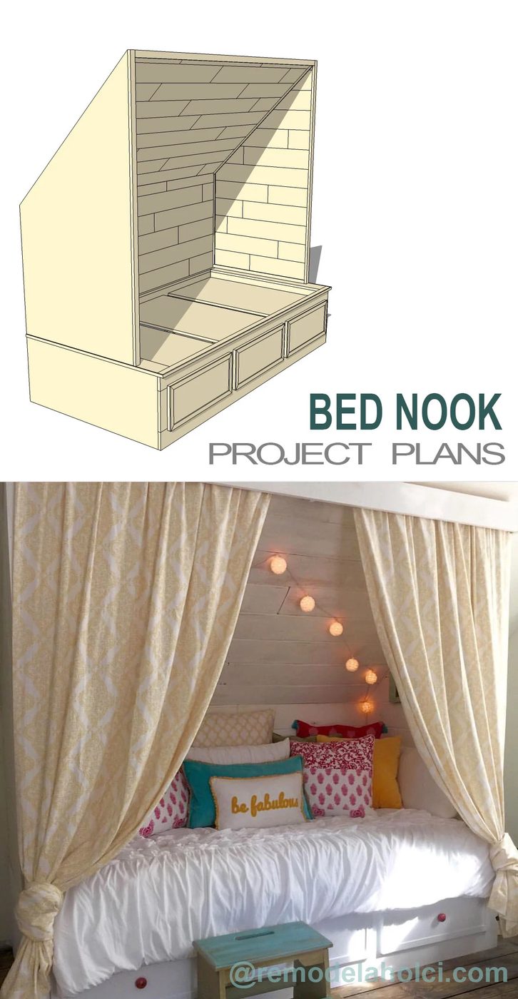Make your own cozy built-in bed nook! well fitted for a teen or tween room, or for a guest room slash office, too! Project plans at Bekob.com