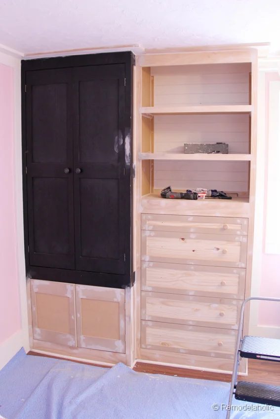how to build a built-in closet, built-ins from existing furniture upcycle Bekob.com