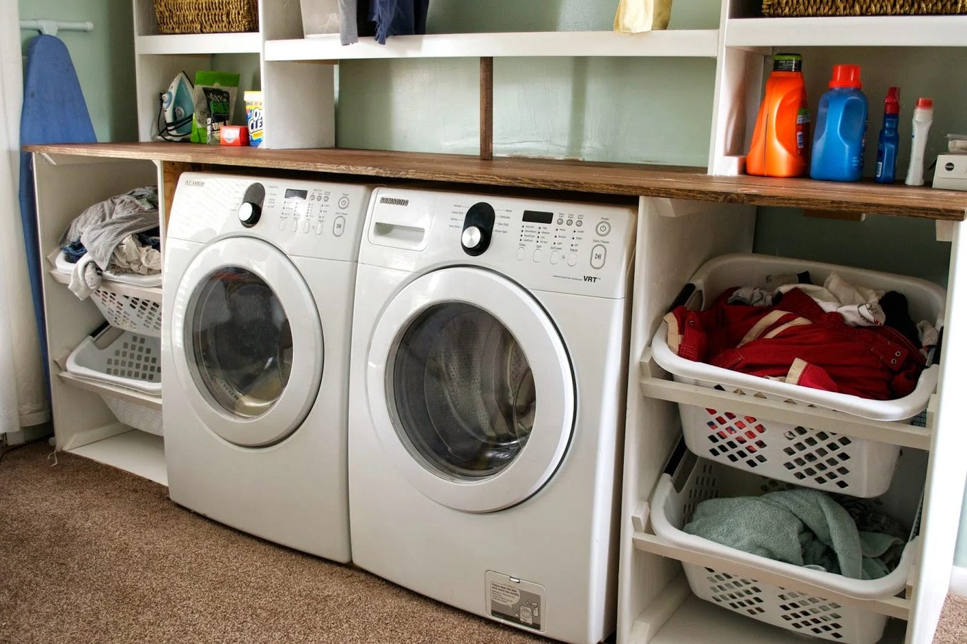 tilted laundry basket storage in laundry unit, Seesaws and Sawhorses on Bekob
