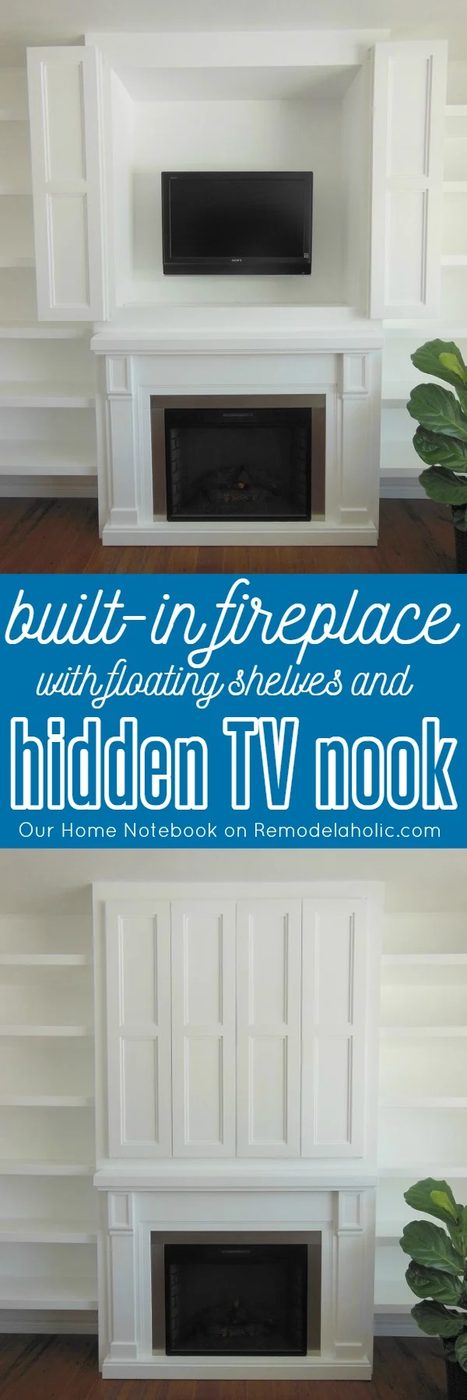 Built-in Fireplace Surround with Floating Shelves and Hidden TV Nook