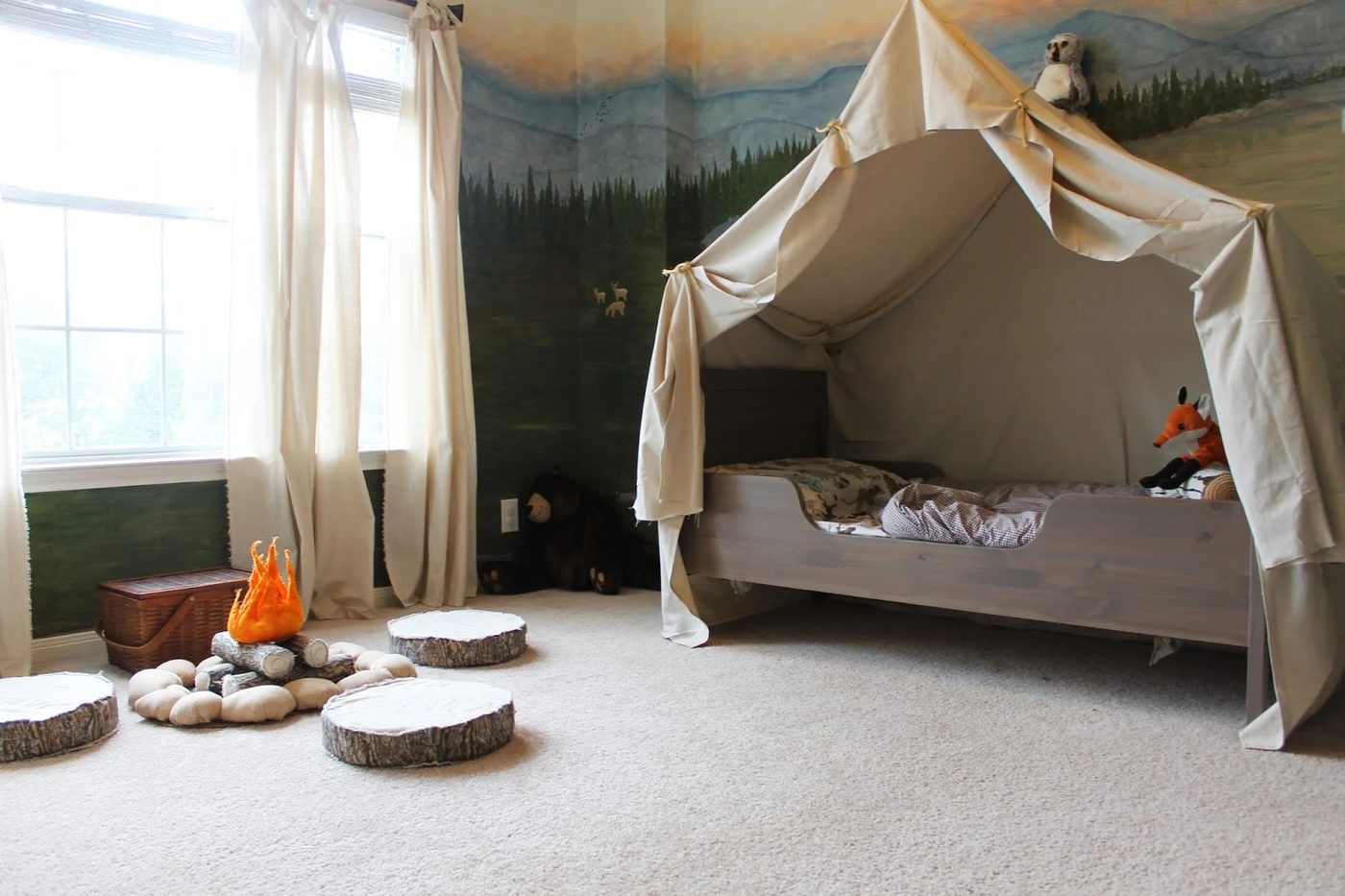 woodland themed kids room with camping tent bed canopy, The Ragged Wren on Bekob