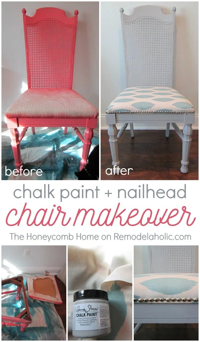 Handmade cane chair makeover -- chalk paint, new fabric, and nailhead trim - The Honeycomb Home on @Bekob