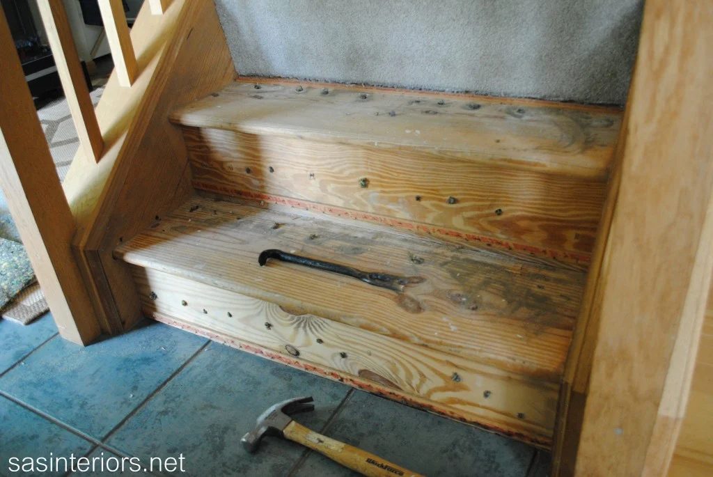 removing carpet from stairs for wood stair makeover