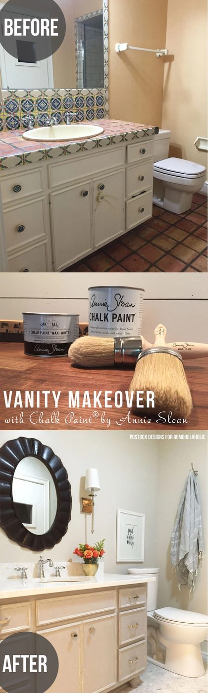 striking! Bath makeover using Chalk Paint® to update a vanity, no sanding or priming and straightforward! by Postbox Designs for @Bekob