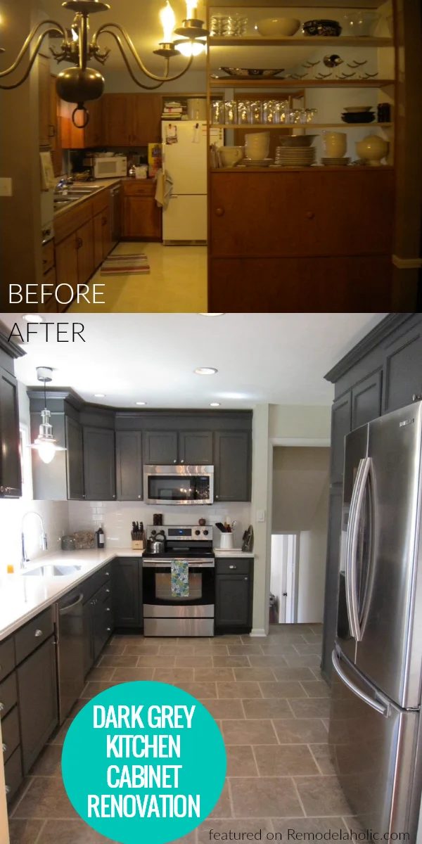 Painted Dark Grey Kitchen Cabinet Renovation, Featured On Bekob