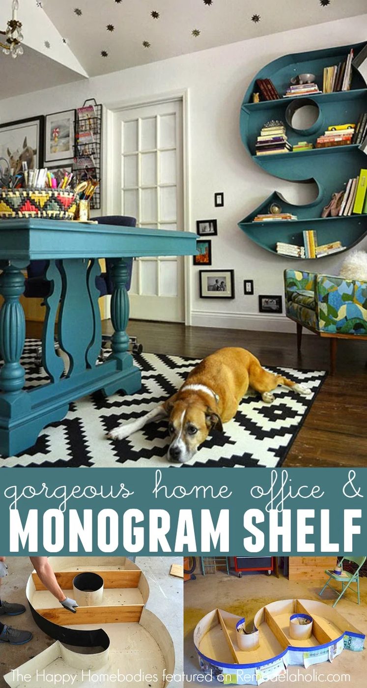 memorable oversized monogram wall shelf in a vivid and feminine home office Bekob