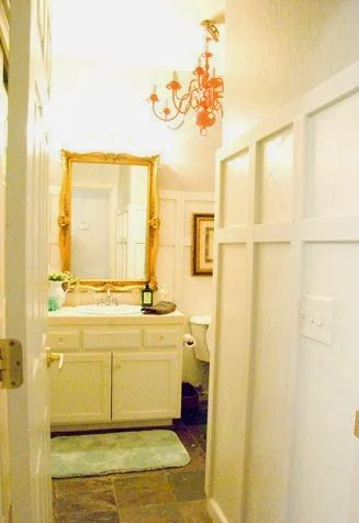 chic bathroom makeover with board and batten and chandelier, Vintage Romance featured on Bekob