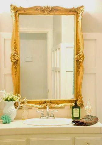 gold curvy mirror bathroom makeover, Vintage Romance featured on Bekob
