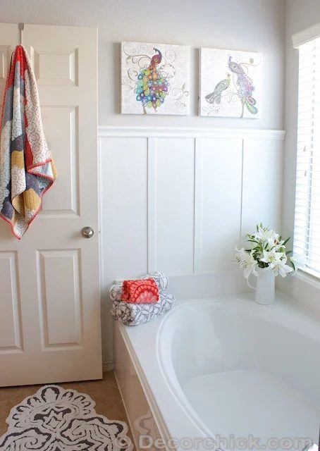 modern colorful bathroom with board and batten, DecorChick