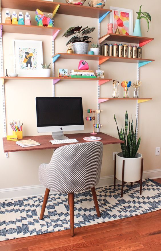 colorful storage shelves in home office