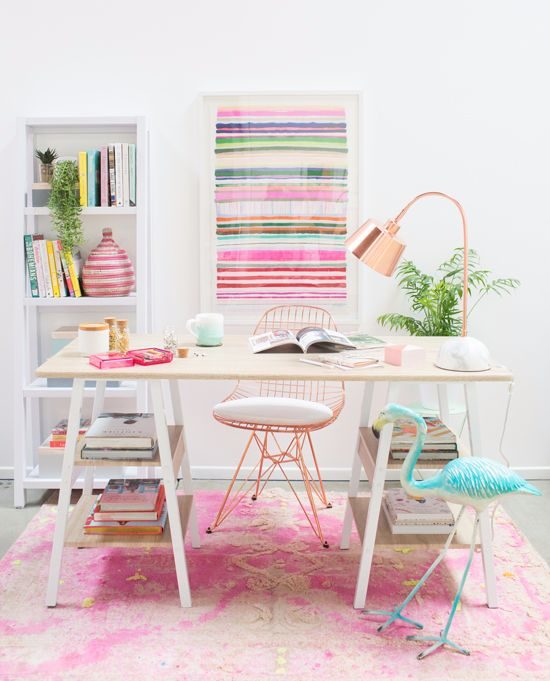 Colorful home office with pink