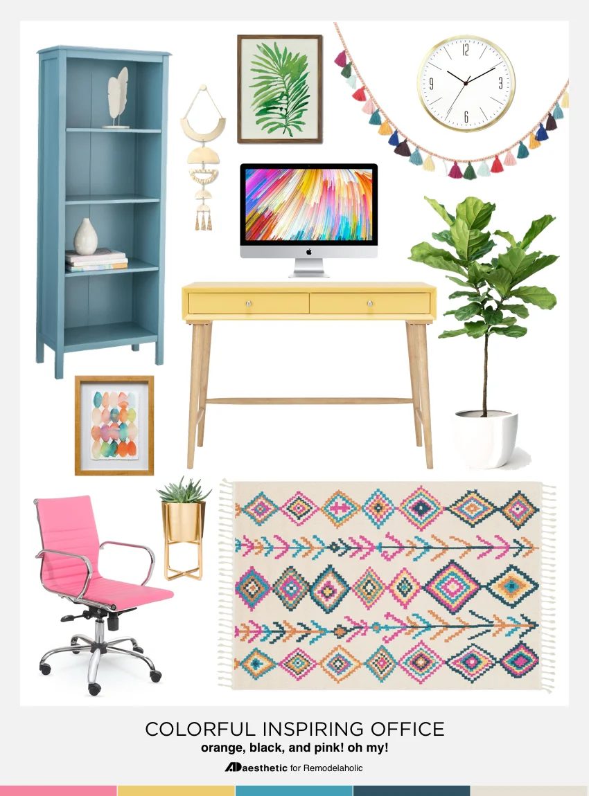Colorful Home Office Mood Board: Create a chic and colorful home office with these decorating tips, inspiration, and furniture and decor selections.