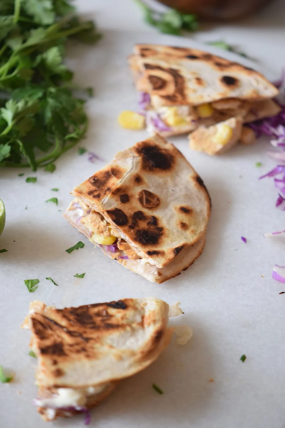 Chicken Taco Quesadillas using cilantro and cabbage
