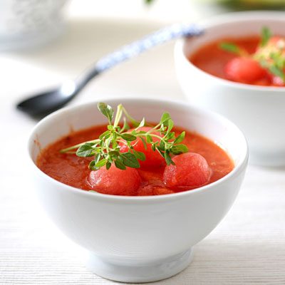 Chilled Tomato, Watermelon, and Basil Soup | FOODIEaholic.com #recipe #cooking #soup #summer #chilled #watermelon