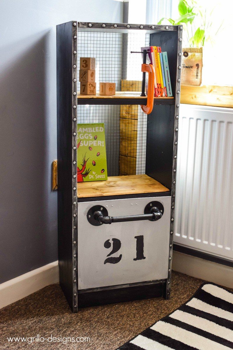 IKEA method billy bookshelf into industrial style kids shelf by Grillo Designs