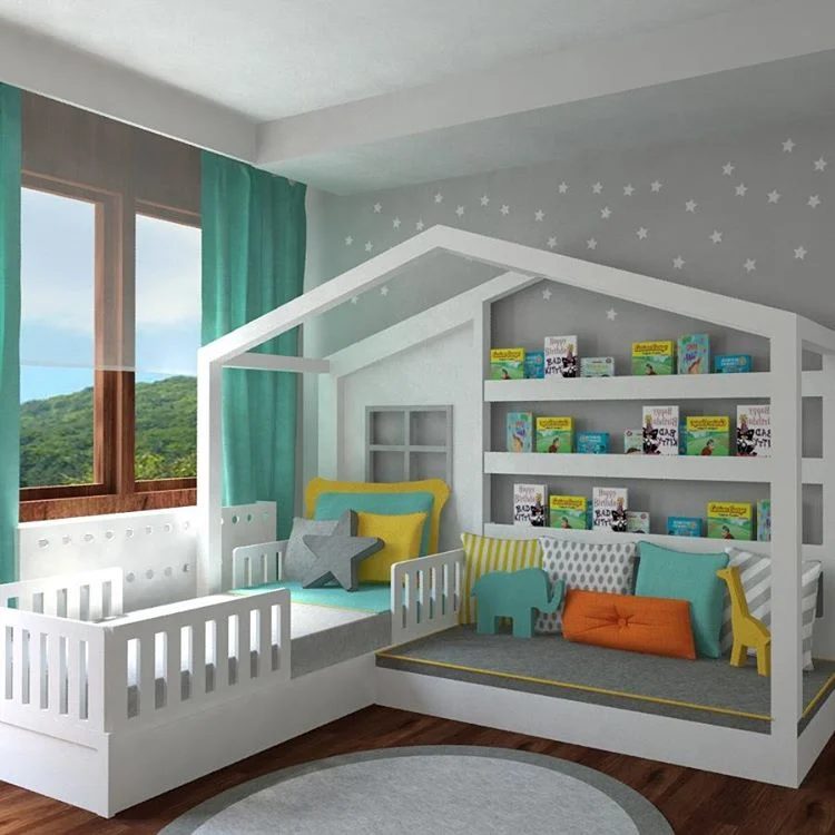 solid house bed with reading area and kid-friendly bookshelves by crocodily