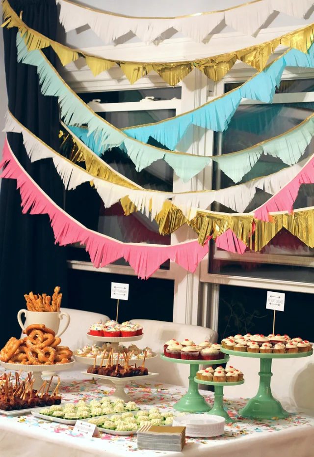 27th birthday party set up with garland confetti color