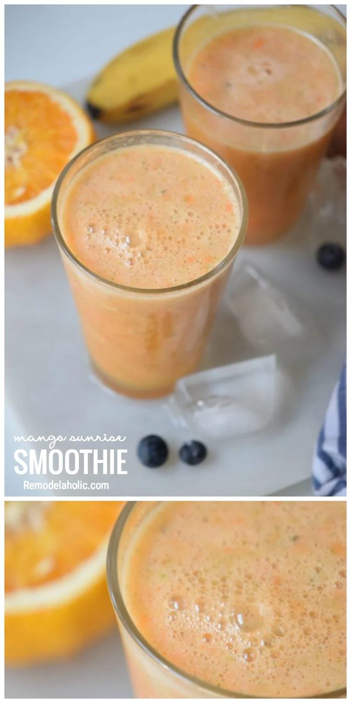 Mango Sunrise Smoothie Healthy Breakfast option Smoothie Recipe Via Bekob.com
