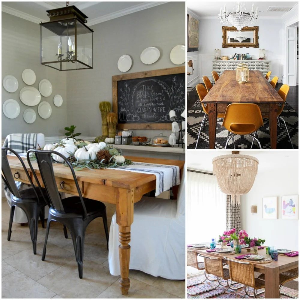 Choosing a dining room style? Explore these striking styles! Cottage farmhouse, eclectic, and boho dining room decor picks and inspiration from Postbox Designs on Bekob.com