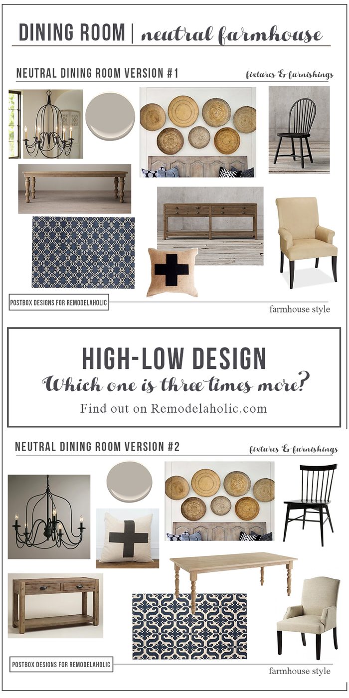 High-Low Netural Farmhouse Dining Room | A farmhouse dining room worthy of a magazine doesn't have to cost a fortune! Read these tips and (shh!) sources for modest-cost-friendly fa
