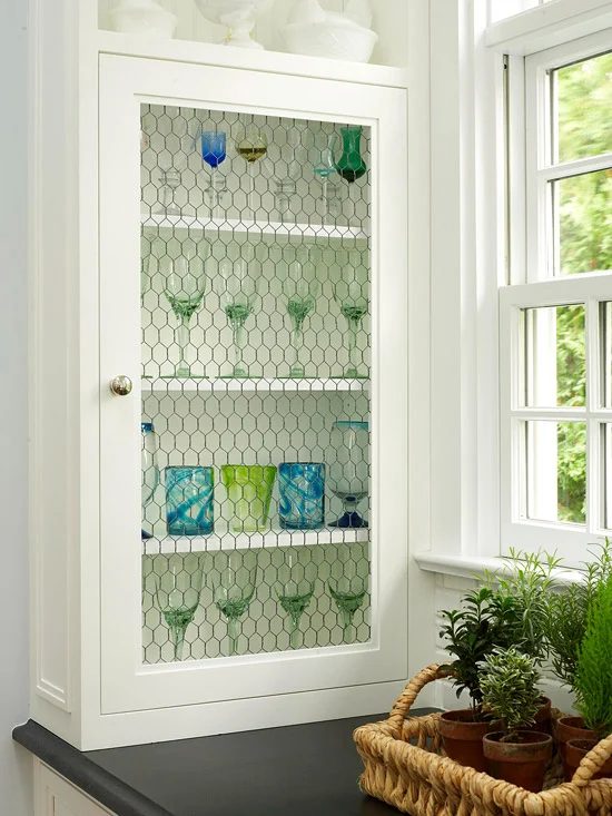 kitchen curio cabinet with chicken wire, Better Homes and Gardens - featured on Bekob.com