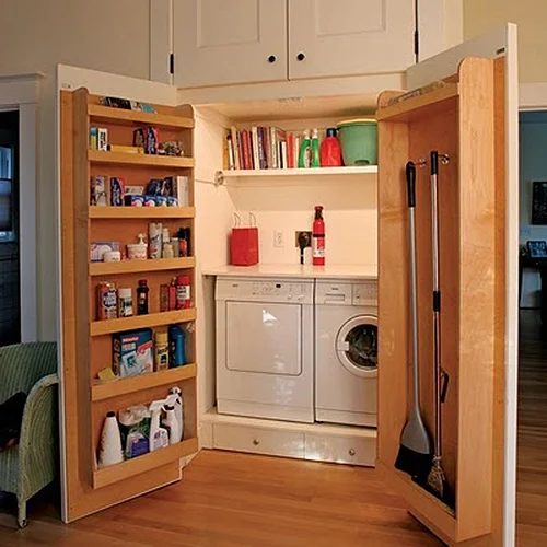 hidden laundry in a closet with storage on doors featured on Bekob.com