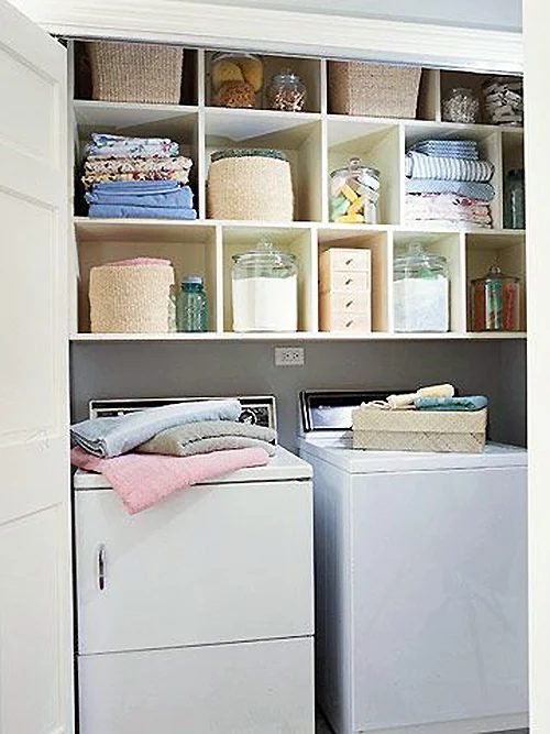 Closet Laundry with pretty storage featured on Bekob.com
